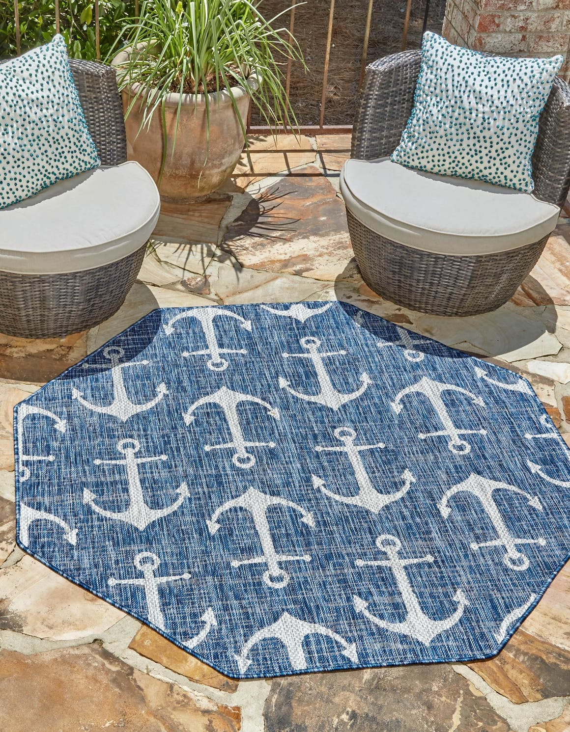 Blue 7' 10 x 7' 10 Outdoor Coastal Octagon Area Rug Weather Resistant for Patio, Deck, Terrace, Balcony, Porch 100% Polypropylene Coastal Decor Carpet for Sale at Rug Engine