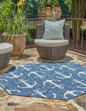 Blue 7' 10 x 7' 10 Outdoor Coastal Octagon Area Rug Weather Resistant for Patio, Deck, Terrace, Balcony, Porch 100% Polypropylene Coastal Decor Carpet for Sale at Rug Engine