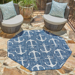 Blue 7' 10 x 7' 10 Outdoor Coastal Octagon Area Rug Weather Resistant for Patio, Deck, Terrace, Balcony, Porch 100% Polypropylene Coastal Decor Carpet for Sale at Rug Engine