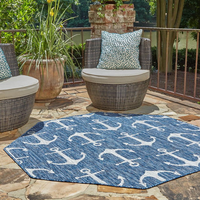 Blue 7' 10 x 7' 10 Outdoor Coastal Octagon Area Rug Weather Resistant for Patio, Deck, Terrace, Balcony, Porch 100% Polypropylene Coastal Decor Carpet for Sale at Rug Engine
