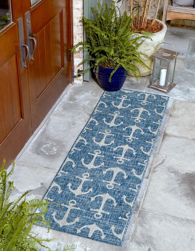 Blue 2' x 6' 1 Outdoor Coastal Runner Area Rug Weather Resistant for Patio, Deck, Terrace, Balcony, Porch 100% Polypropylene Coastal Decor Carpet for Sale at Rug Engine