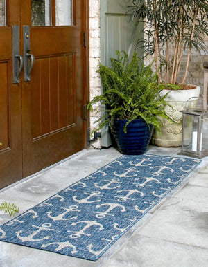 Blue 2' x 6' 1 Outdoor Coastal Runner Area Rug Weather Resistant for Patio, Deck, Terrace, Balcony, Porch 100% Polypropylene Coastal Decor Carpet for Sale at Rug Engine