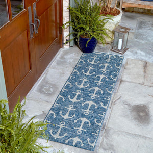 Blue 2' 7 x 12' Outdoor Coastal Runner Area Rug Weather Resistant for Patio, Deck, Terrace, Balcony, Porch 100% Polypropylene Coastal Decor Carpet for Sale at Rug Engine