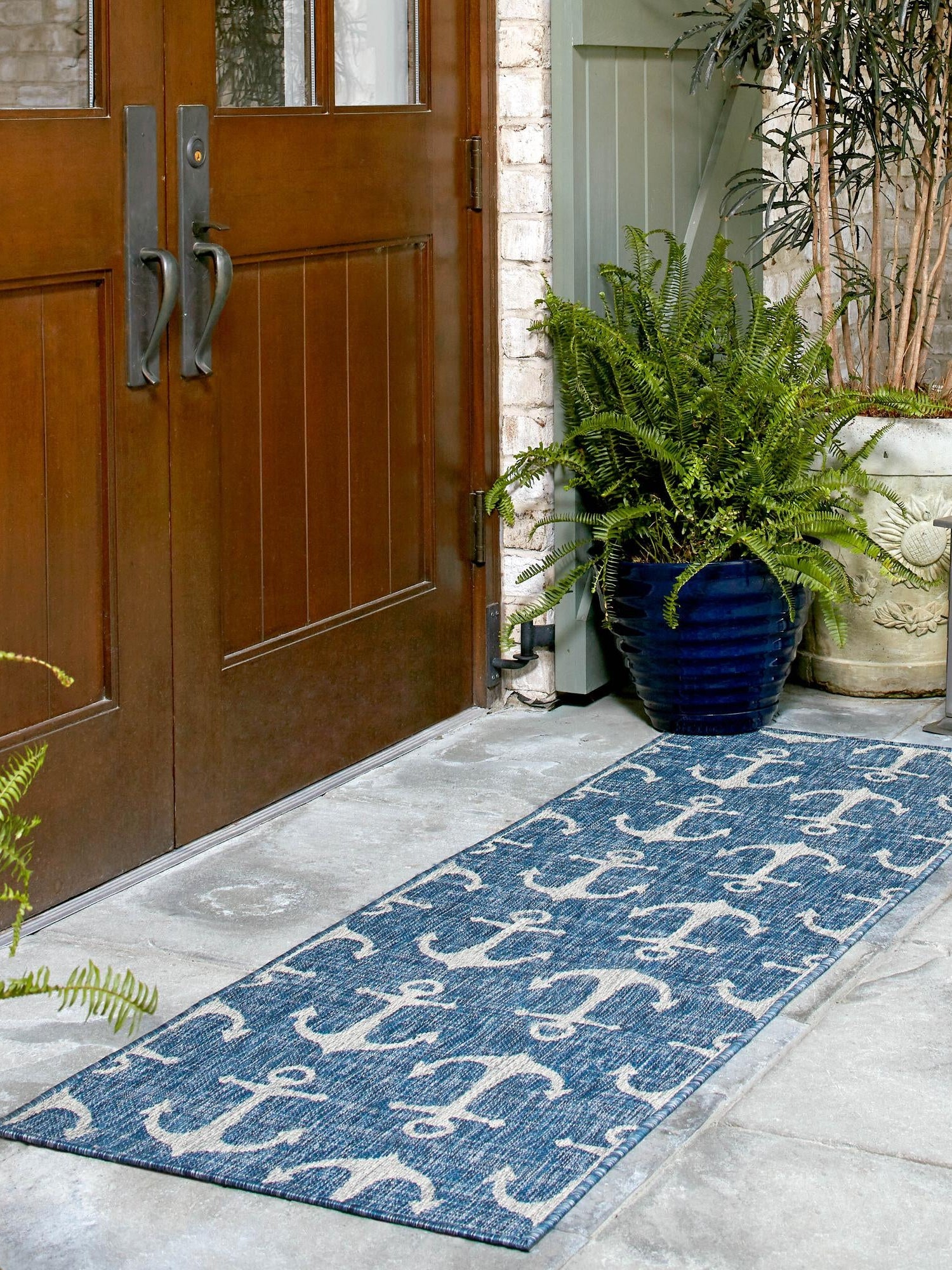 Blue 2' x 6' 1 Outdoor Coastal Runner Area Rug Weather Resistant for Patio, Deck, Terrace, Balcony, Porch 100% Polypropylene Coastal Decor Carpet for Sale at Rug Engine