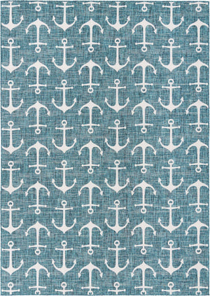 Teal 10' x 14' 1 Outdoor Coastal Rectangle Area Rug Weather Resistant for Patio, Deck, Terrace, Balcony, Porch 100% Polypropylene Coastal Decor Carpet for Sale at Rug Engine