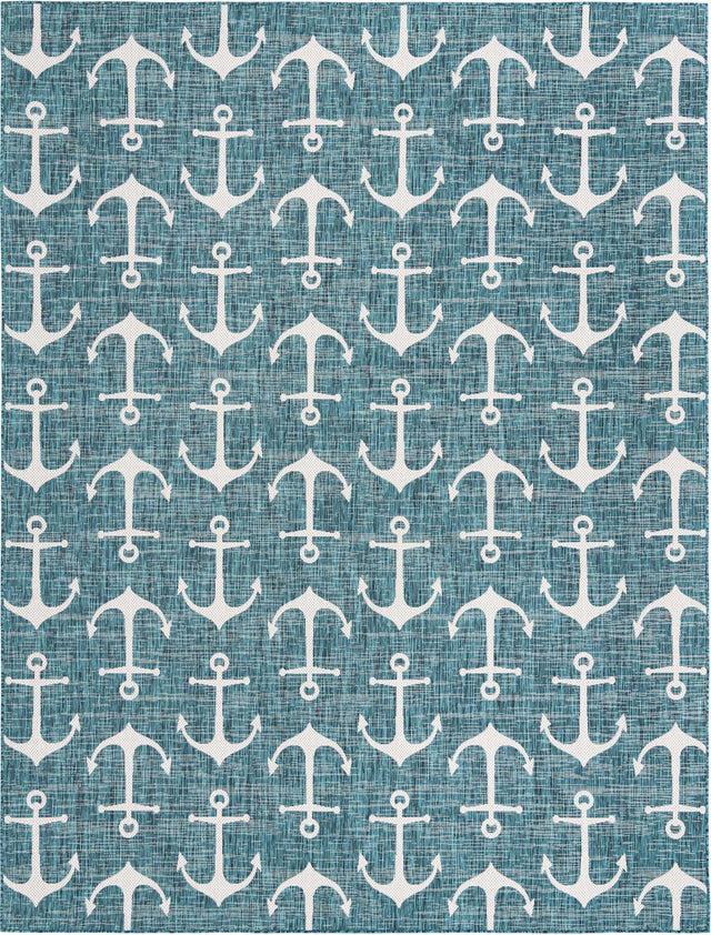 Teal 10' x 13' 1 Outdoor Coastal Rectangle Area Rug Weather Resistant for Patio, Deck, Terrace, Balcony, Porch 100% Polypropylene Coastal Decor Carpet for Sale at Rug Engine