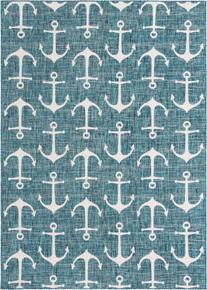 Teal 7' 10 x 11' Outdoor Coastal Rectangle Area Rug Weather Resistant for Patio, Deck, Terrace, Balcony, Porch 100% Polypropylene Coastal Decor Carpet for Sale at Rug Engine