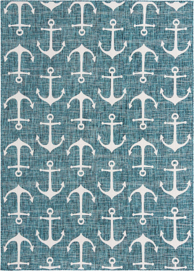 Teal 7' 10 x 11' Outdoor Coastal Rectangle Area Rug Weather Resistant for Patio, Deck, Terrace, Balcony, Porch 100% Polypropylene Coastal Decor Carpet for Sale at Rug Engine
