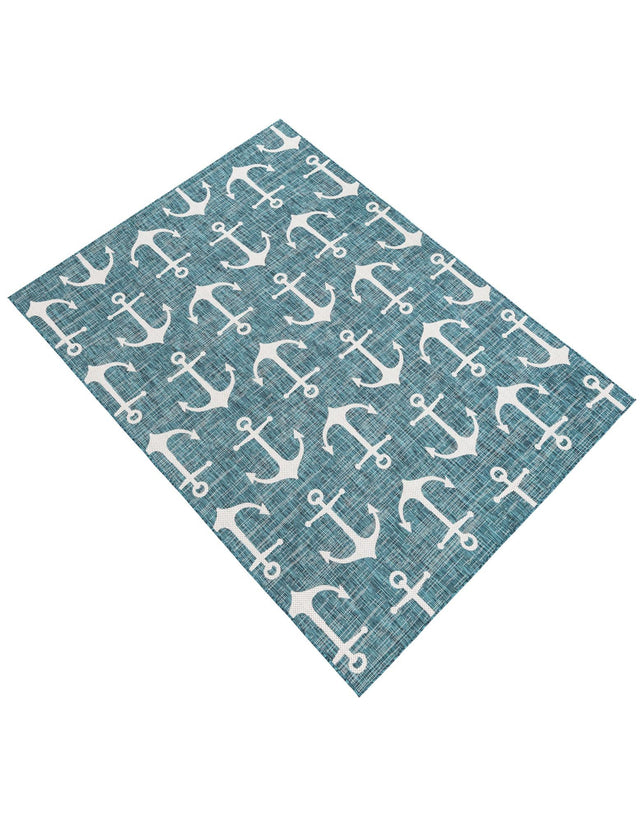 Teal 7' 1 x 10' Outdoor Coastal Rectangle Area Rug Weather Resistant for Patio, Deck, Terrace, Balcony, Porch 100% Polypropylene Coastal Decor Carpet for Sale at Rug Engine
