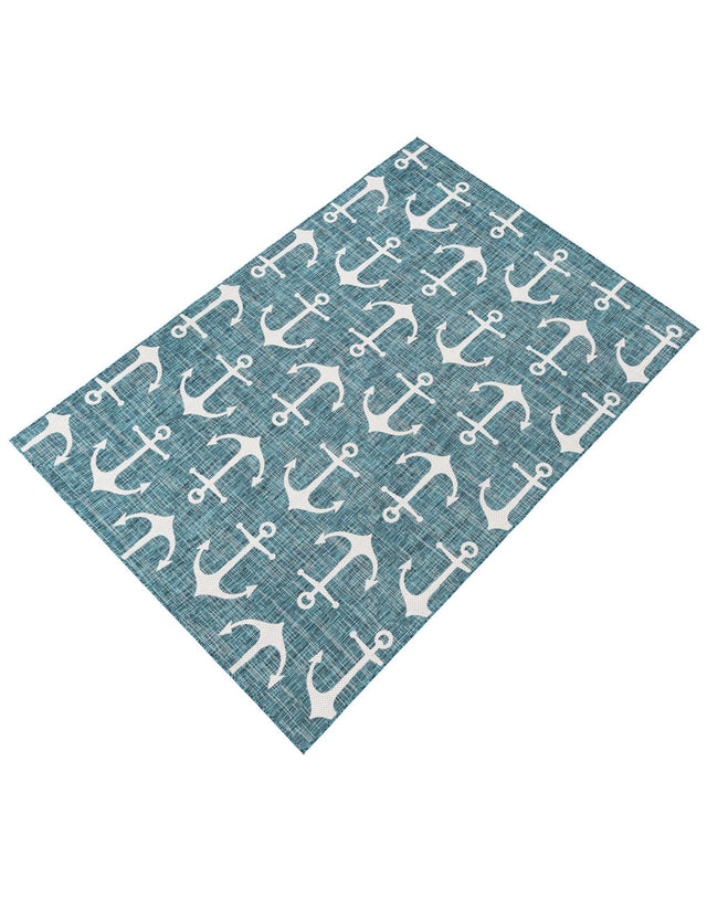Teal 7' 1 x 10' Outdoor Coastal Rectangle Area Rug Weather Resistant for Patio, Deck, Terrace, Balcony, Porch 100% Polypropylene Coastal Decor Carpet for Sale at Rug Engine