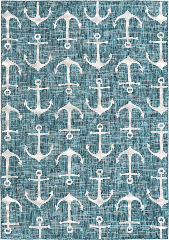 Teal 7' 1 x 10' Outdoor Coastal Rectangle Area Rug Weather Resistant for Patio, Deck, Terrace, Balcony, Porch 100% Polypropylene Coastal Decor Carpet for Sale at Rug Engine