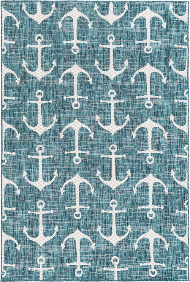 Teal 6' 1 x 9' Outdoor Coastal Rectangle Area Rug Weather Resistant for Patio, Deck, Terrace, Balcony, Porch 100% Polypropylene Coastal Decor Carpet for Sale at Rug Engine