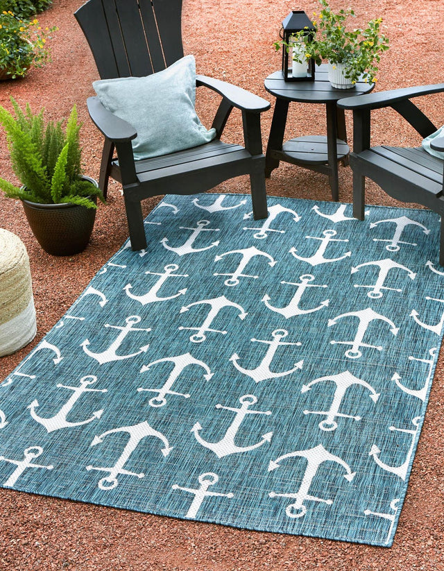Teal 3' 1 x 5' 3 Outdoor Coastal Rectangle Area Rug Weather Resistant for Patio, Deck, Terrace, Balcony, Porch 100% Polypropylene Coastal Decor Carpet for Sale at Rug Engine