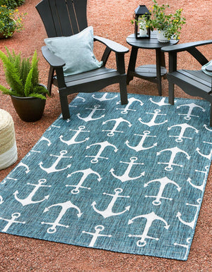 Teal 2' x 3' 1 Outdoor Coastal Rectangle Area Rug Weather Resistant for Patio, Deck, Terrace, Balcony, Porch 100% Polypropylene Coastal Decor Carpet for Sale at Rug Engine