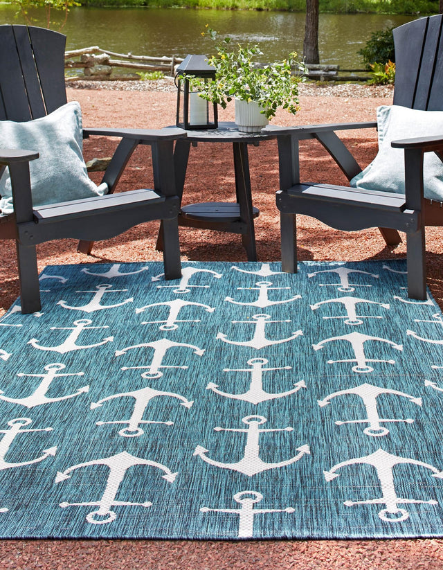 Teal 9' x 12' Outdoor Coastal Rectangle Area Rug Weather Resistant for Patio, Deck, Terrace, Balcony, Porch 100% Polypropylene Coastal Decor Carpet for Sale at Rug Engine