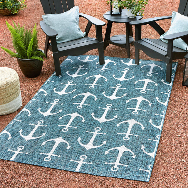 Teal 2' x 3' 1 Outdoor Coastal Rectangle Area Rug Weather Resistant for Patio, Deck, Terrace, Balcony, Porch 100% Polypropylene Coastal Decor Carpet for Sale at Rug Engine