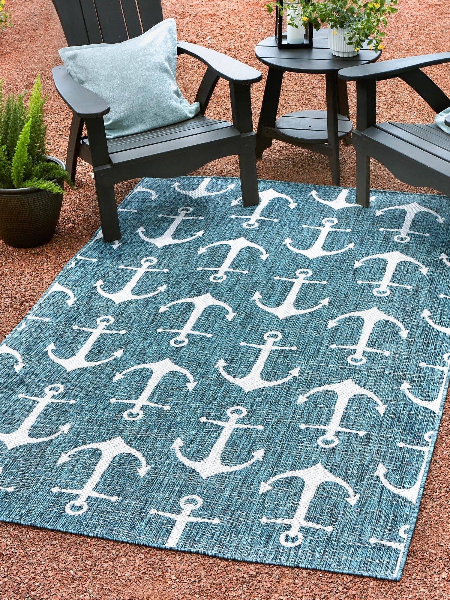 Teal 7' 1 x 10' Outdoor Coastal Rectangle Area Rug Weather Resistant for Patio, Deck, Terrace, Balcony, Porch 100% Polypropylene Coastal Decor Carpet for Sale at Rug Engine