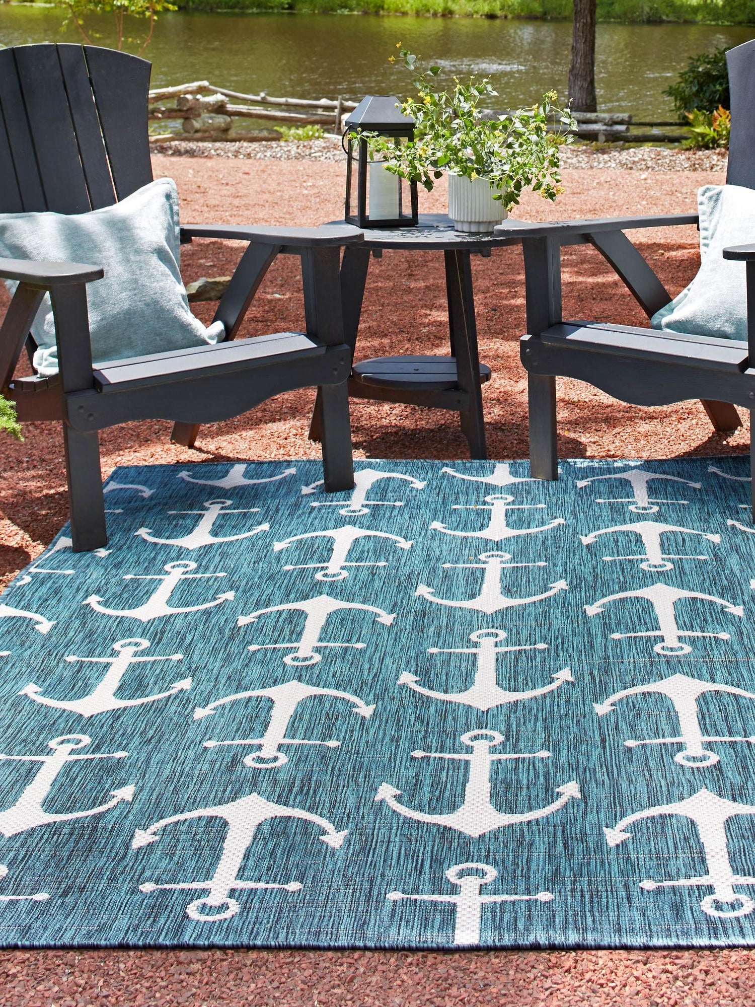 Teal 7' 1 x 10' Outdoor Coastal Rectangle Area Rug Weather Resistant for Patio, Deck, Terrace, Balcony, Porch 100% Polypropylene Coastal Decor Carpet for Sale at Rug Engine