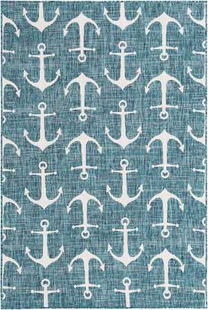 Teal 5' 3 x 8' Outdoor Coastal Rectangle Area Rug Weather Resistant for Patio, Deck, Terrace, Balcony, Porch 100% Polypropylene Coastal Decor Carpet for Sale at Rug Engine