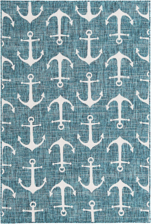 Teal 5' 3 x 8' Outdoor Coastal Rectangle Area Rug Weather Resistant for Patio, Deck, Terrace, Balcony, Porch 100% Polypropylene Coastal Decor Carpet for Sale at Rug Engine