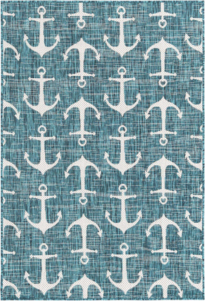 Teal 4' 1 x 6' 1 Outdoor Coastal Rectangle Area Rug Weather Resistant for Patio, Deck, Terrace, Balcony, Porch 100% Polypropylene Coastal Decor Carpet for Sale at Rug Engine