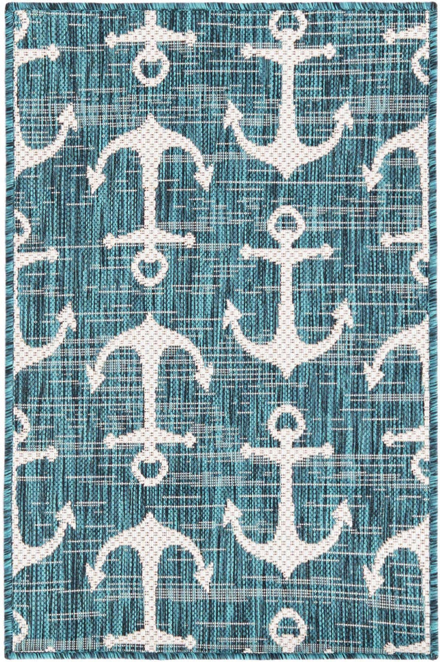 Teal 2' x 3' 1 Outdoor Coastal Rectangle Area Rug Weather Resistant for Patio, Deck, Terrace, Balcony, Porch 100% Polypropylene Coastal Decor Carpet for Sale at Rug Engine