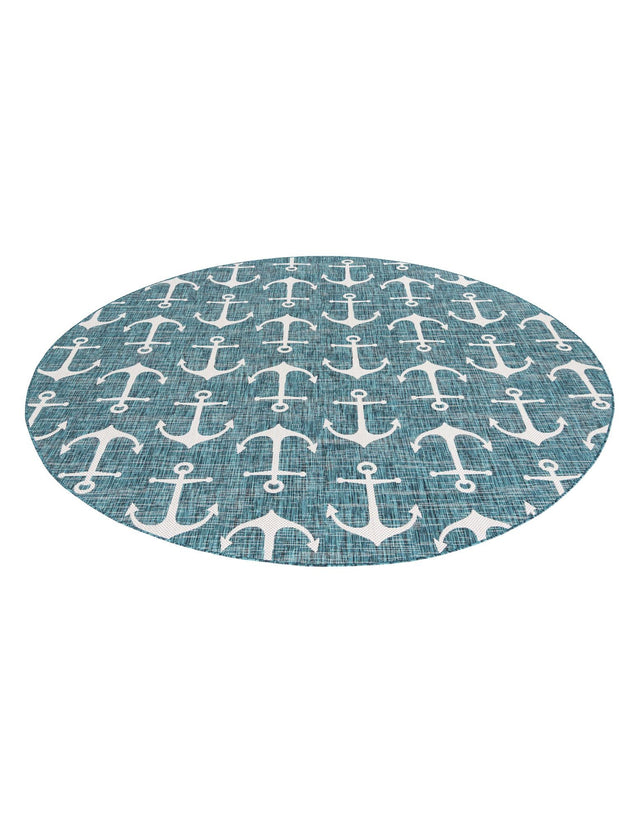 Teal 10' x 10' Outdoor Coastal Round Area Rug Weather Resistant for Patio, Deck, Terrace, Balcony, Porch 100% Polypropylene Coastal Decor Carpet for Sale at Rug Engine