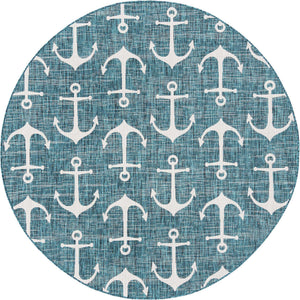 Teal 7' 10 x 7' 10 Outdoor Coastal Round Area Rug Weather Resistant for Patio, Deck, Terrace, Balcony, Porch 100% Polypropylene Coastal Decor Carpet for Sale at Rug Engine