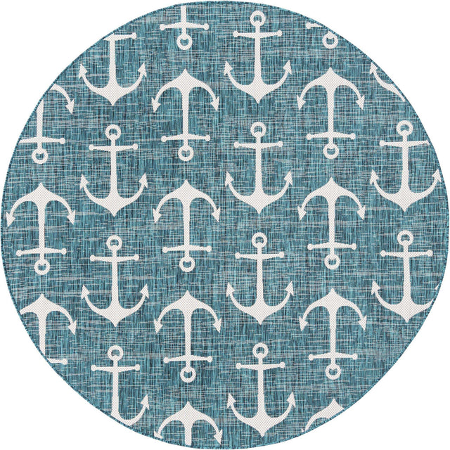 Teal 7' 10 x 7' 10 Outdoor Coastal Round Area Rug Weather Resistant for Patio, Deck, Terrace, Balcony, Porch 100% Polypropylene Coastal Decor Carpet for Sale at Rug Engine