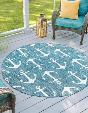 Teal 7' 10 x 7' 10 Outdoor Coastal Round Area Rug Weather Resistant for Patio, Deck, Terrace, Balcony, Porch 100% Polypropylene Coastal Decor Carpet for Sale at Rug Engine