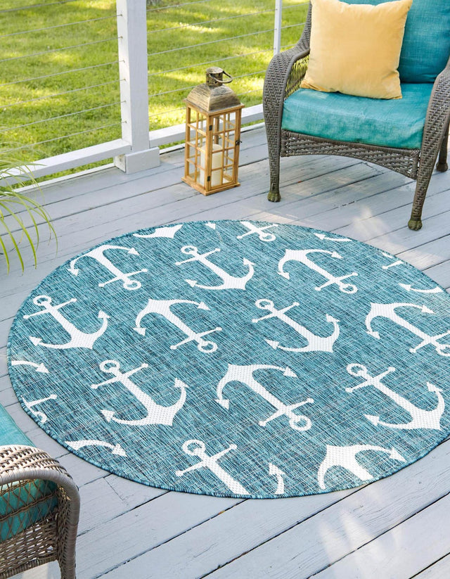 Teal 10' x 10' Outdoor Coastal Round Area Rug Weather Resistant for Patio, Deck, Terrace, Balcony, Porch 100% Polypropylene Coastal Decor Carpet for Sale at Rug Engine