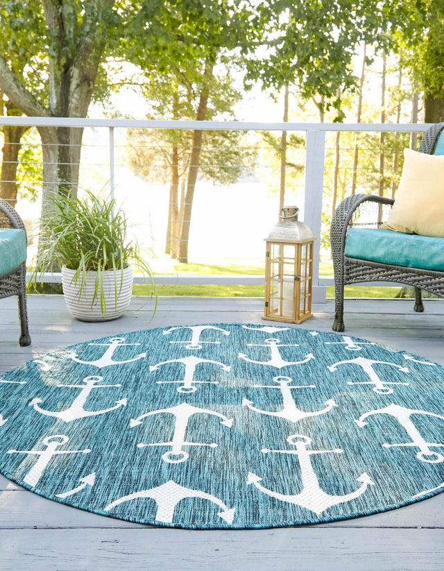 Teal 10' x 10' Outdoor Coastal Round Area Rug Weather Resistant for Patio, Deck, Terrace, Balcony, Porch 100% Polypropylene Coastal Decor Carpet for Sale at Rug Engine