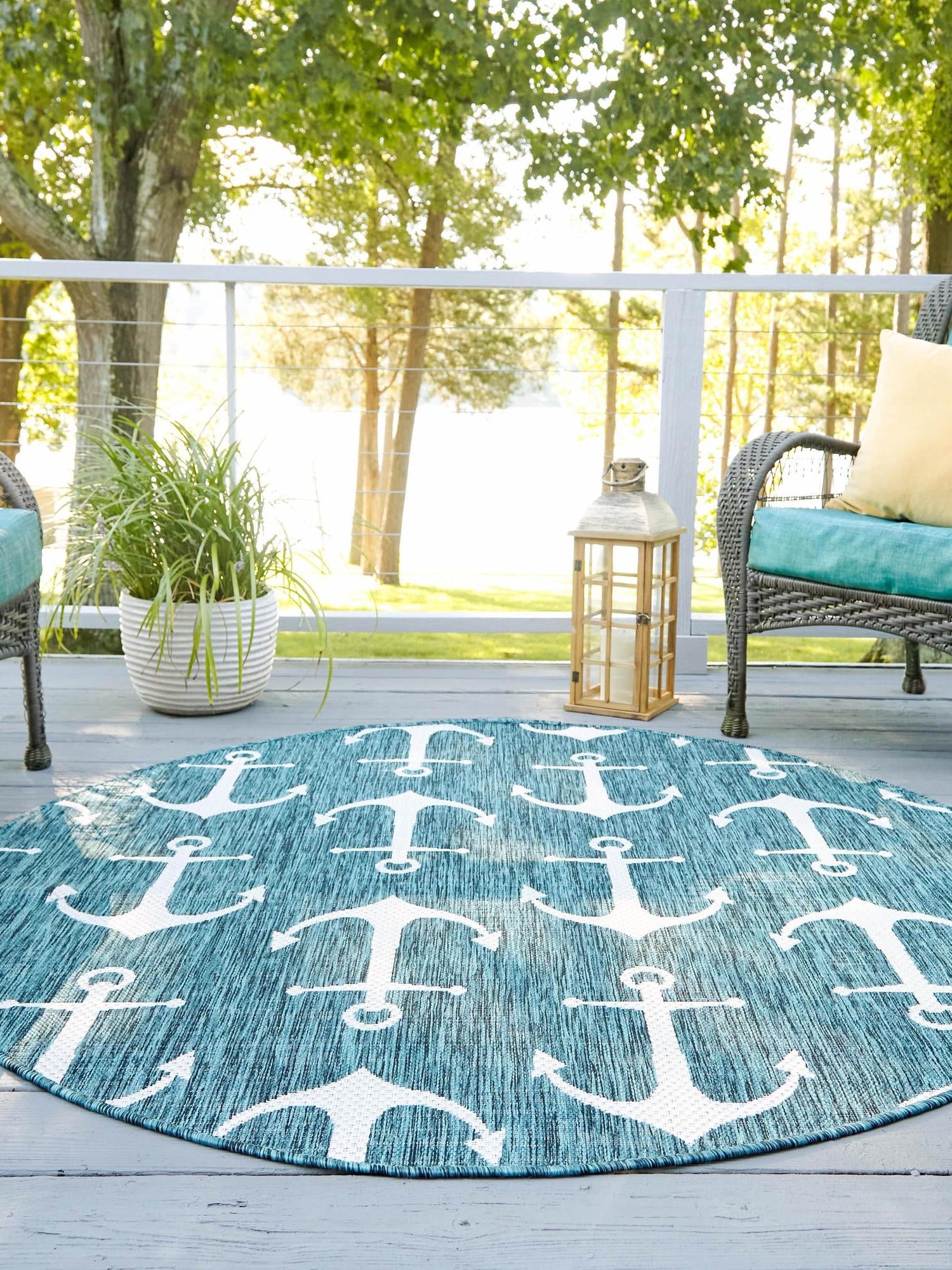 Teal 4' 1 x 4' 1 Outdoor Coastal Round Area Rug Weather Resistant for Patio, Deck, Terrace, Balcony, Porch 100% Polypropylene Coastal Decor Carpet for Sale at Rug Engine