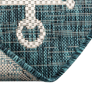 Teal 7' 10 x 7' 10 Outdoor Coastal Round Area Rug Weather Resistant for Patio, Deck, Terrace, Balcony, Porch 100% Polypropylene Coastal Decor Carpet for Sale at Rug Engine