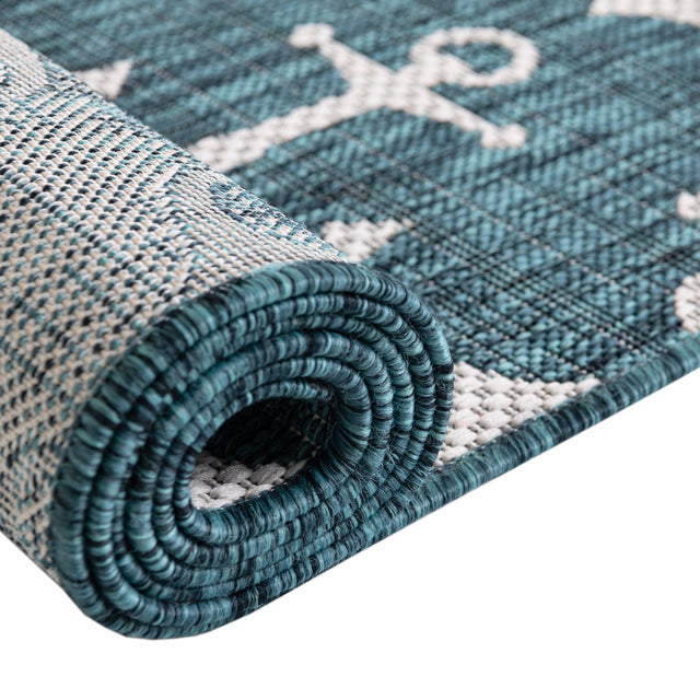 Teal 10' x 10' Outdoor Coastal Round Area Rug Weather Resistant for Patio, Deck, Terrace, Balcony, Porch 100% Polypropylene Coastal Decor Carpet for Sale at Rug Engine