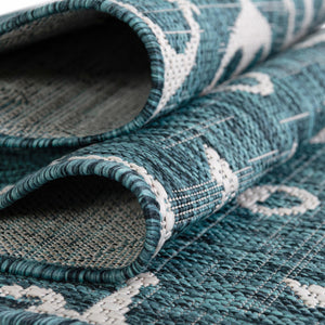 Teal 3' 1 x 3' 1 Outdoor Coastal Round Area Rug Weather Resistant for Patio, Deck, Terrace, Balcony, Porch 100% Polypropylene Coastal Decor Carpet for Sale at Rug Engine