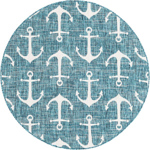 Teal 5' 3 x 5' 3 Outdoor Coastal Round Rug