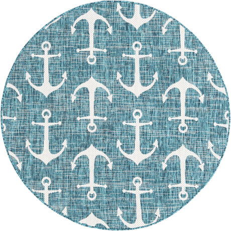 Teal 5' 3 x 5' 3 Outdoor Coastal Round Rug