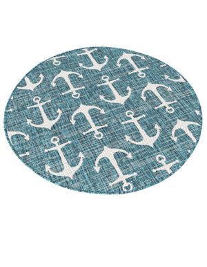 Teal 4' 1 x 4' 1 Outdoor Coastal Round Area Rug Weather Resistant for Patio, Deck, Terrace, Balcony, Porch 100% Polypropylene Coastal Decor Carpet for Sale at Rug Engine