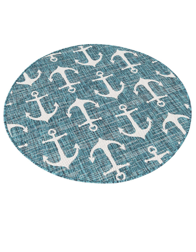 Teal 4' 1 x 4' 1 Outdoor Coastal Round Area Rug Weather Resistant for Patio, Deck, Terrace, Balcony, Porch 100% Polypropylene Coastal Decor Carpet for Sale at Rug Engine