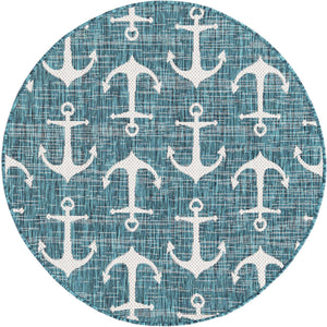 Teal 4' 1 x 4' 1 Outdoor Coastal Round Area Rug Weather Resistant for Patio, Deck, Terrace, Balcony, Porch 100% Polypropylene Coastal Decor Carpet for Sale at Rug Engine