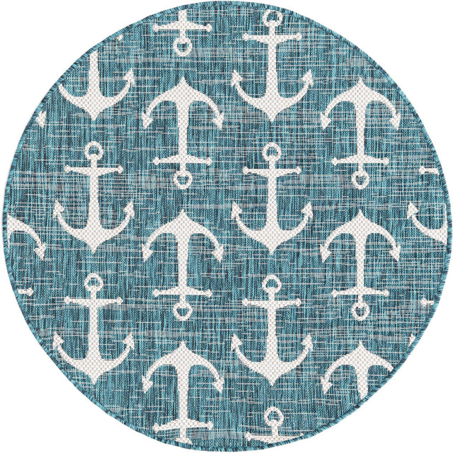 Teal 4' 1 x 4' 1 Outdoor Coastal Round Area Rug Weather Resistant for Patio, Deck, Terrace, Balcony, Porch 100% Polypropylene Coastal Decor Carpet for Sale at Rug Engine