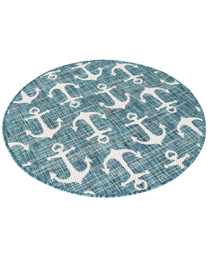 Teal 3' 1 x 3' 1 Outdoor Coastal Round Area Rug Weather Resistant for Patio, Deck, Terrace, Balcony, Porch 100% Polypropylene Coastal Decor Carpet for Sale at Rug Engine
