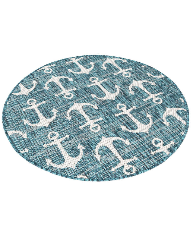 Teal 3' 1 x 3' 1 Outdoor Coastal Round Area Rug Weather Resistant for Patio, Deck, Terrace, Balcony, Porch 100% Polypropylene Coastal Decor Carpet for Sale at Rug Engine