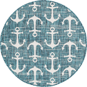 Teal 3' 1 x 3' 1 Outdoor Coastal Round Area Rug Weather Resistant for Patio, Deck, Terrace, Balcony, Porch 100% Polypropylene Coastal Decor Carpet for Sale at Rug Engine