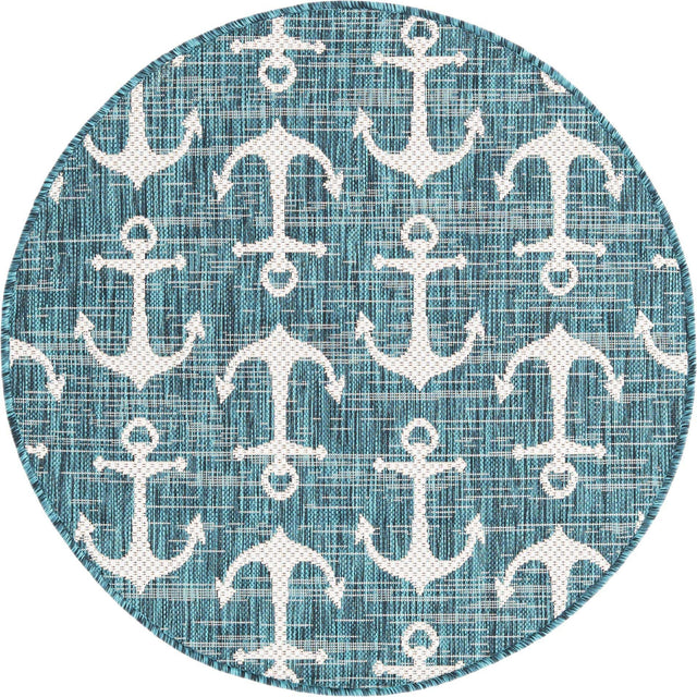 Teal 3' 1 x 3' 1 Outdoor Coastal Round Area Rug Weather Resistant for Patio, Deck, Terrace, Balcony, Porch 100% Polypropylene Coastal Decor Carpet for Sale at Rug Engine
