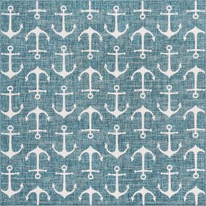 Teal 10' x 10' Outdoor Coastal Square Area Rug Weather Resistant for Patio, Deck, Terrace, Balcony, Porch 100% Polypropylene Coastal Decor Carpet for Sale at Rug Engine