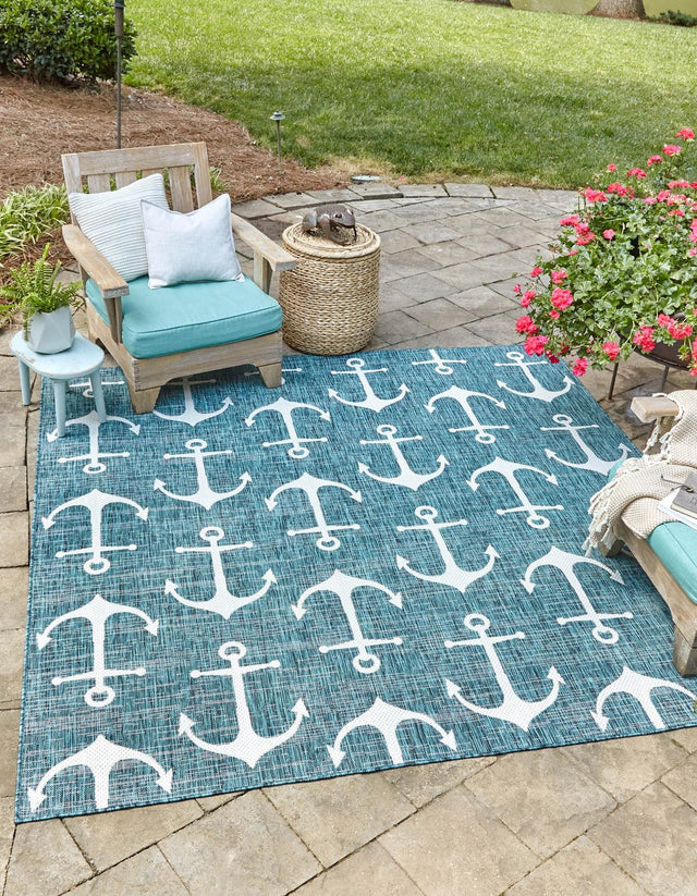 Teal 5' 3 x 5' 3 Outdoor Coastal Square Area Rug Weather Resistant for Patio, Deck, Terrace, Balcony, Porch 100% Polypropylene Coastal Decor Carpet for Sale at Rug Engine