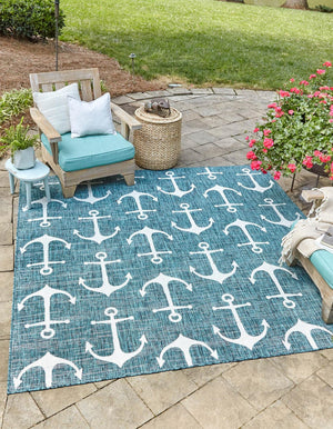 Teal 7' 10 x 7' 10 Outdoor Coastal Square Area Rug Weather Resistant for Patio, Deck, Terrace, Balcony, Porch 100% Polypropylene Coastal Decor Carpet for Sale at Rug Engine