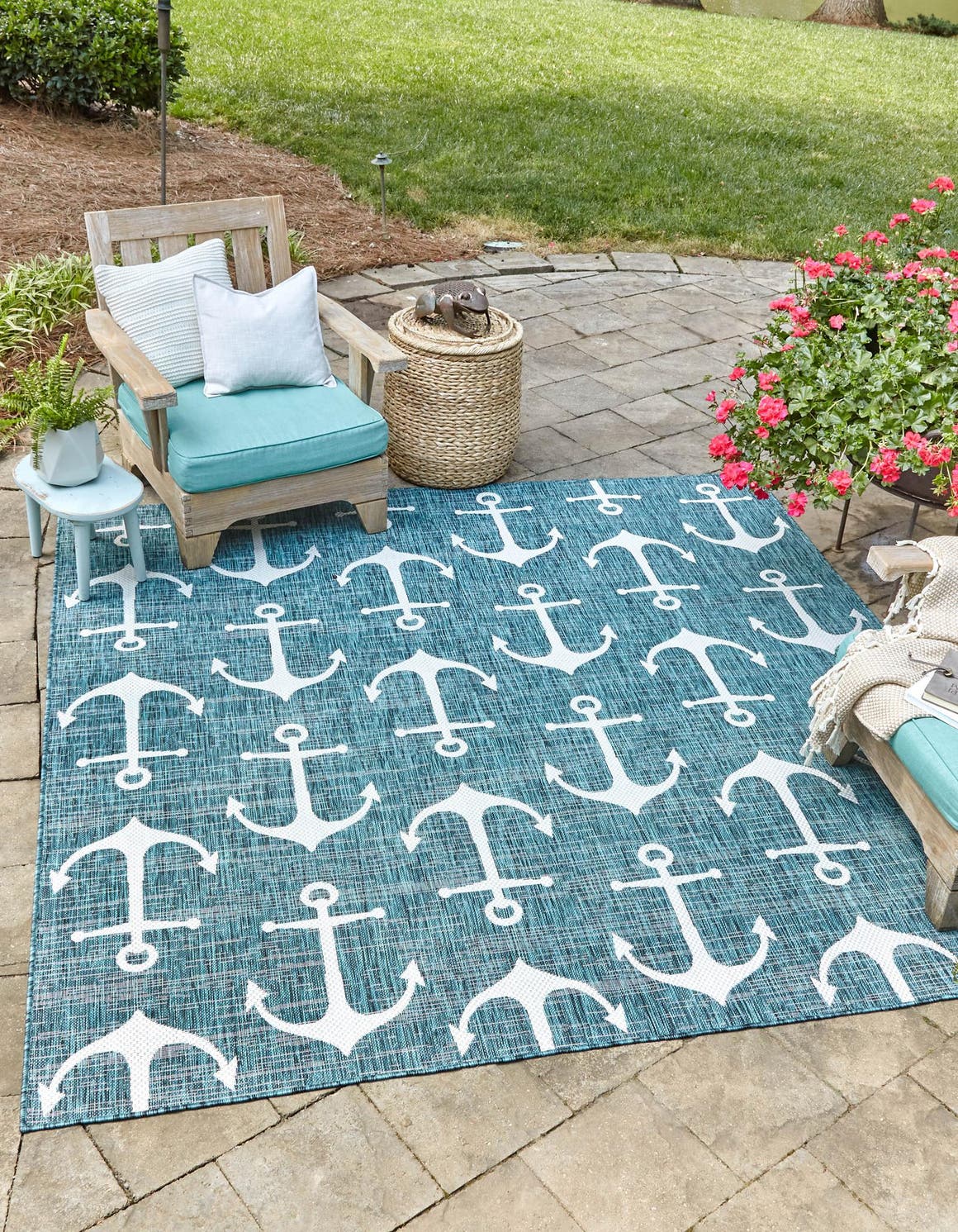 Teal 13' 1 x 13' 1 Outdoor Coastal Square Area Rug Weather Resistant for Patio, Deck, Terrace, Balcony, Porch 100% Polypropylene Coastal Decor Carpet for Sale at Rug Engine